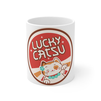 Lucky Catsu Ceramic Mug — 11oz Maneki Neko Lucky Cat Coffee Cup